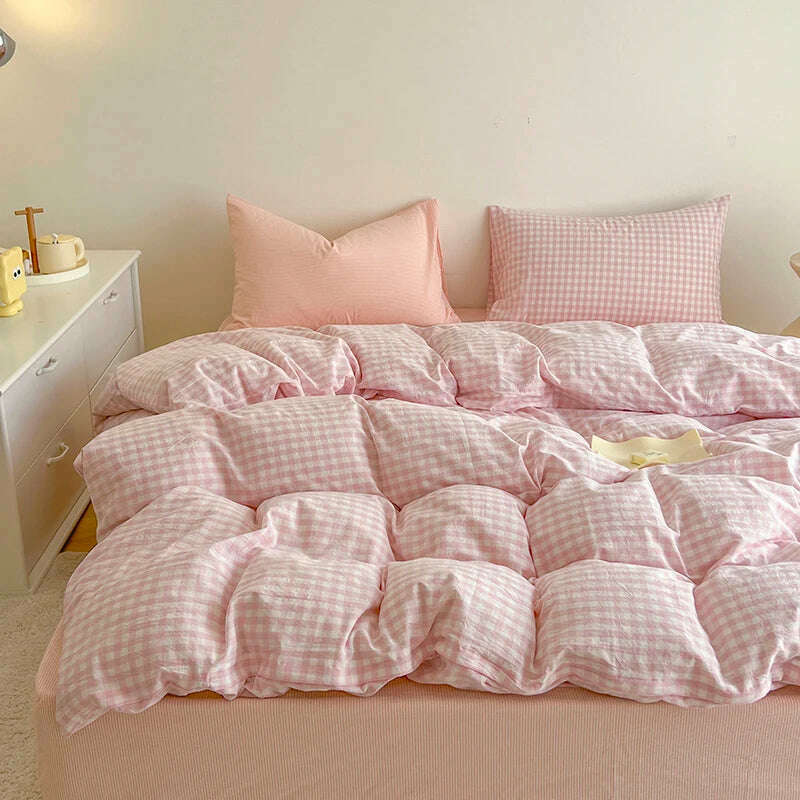 Simple Pink Stripe Bedding Set Washed Cotton Bed Flat Sheet Pillowcase Full Queen Bed Linen Adult Kids Duvet Cover Set No Filler - KIMLUD
