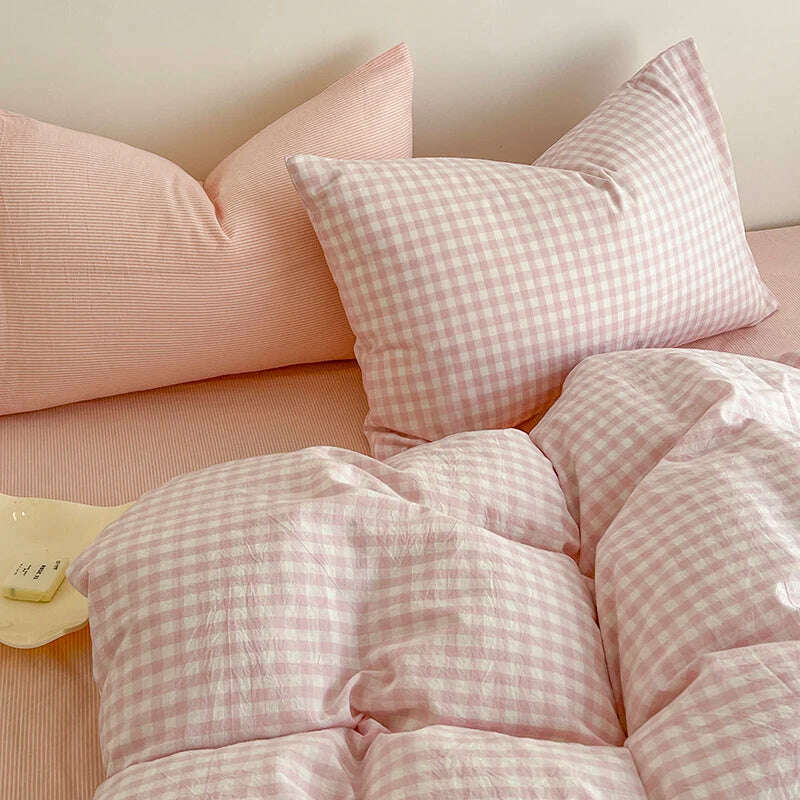 Simple Pink Stripe Bedding Set Washed Cotton Bed Flat Sheet Pillowcase Full Queen Bed Linen Adult Kids Duvet Cover Set No Filler - KIMLUD