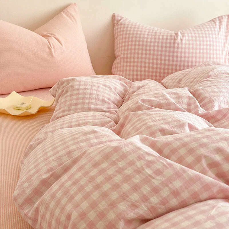 Simple Pink Stripe Bedding Set Washed Cotton Bed Flat Sheet Pillowcase Full Queen Bed Linen Adult Kids Duvet Cover Set No Filler - KIMLUD