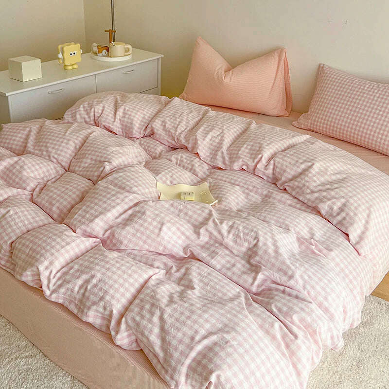 Simple Pink Stripe Bedding Set Washed Cotton Bed Flat Sheet Pillowcase Full Queen Bed Linen Adult Kids Duvet Cover Set No Filler - KIMLUD
