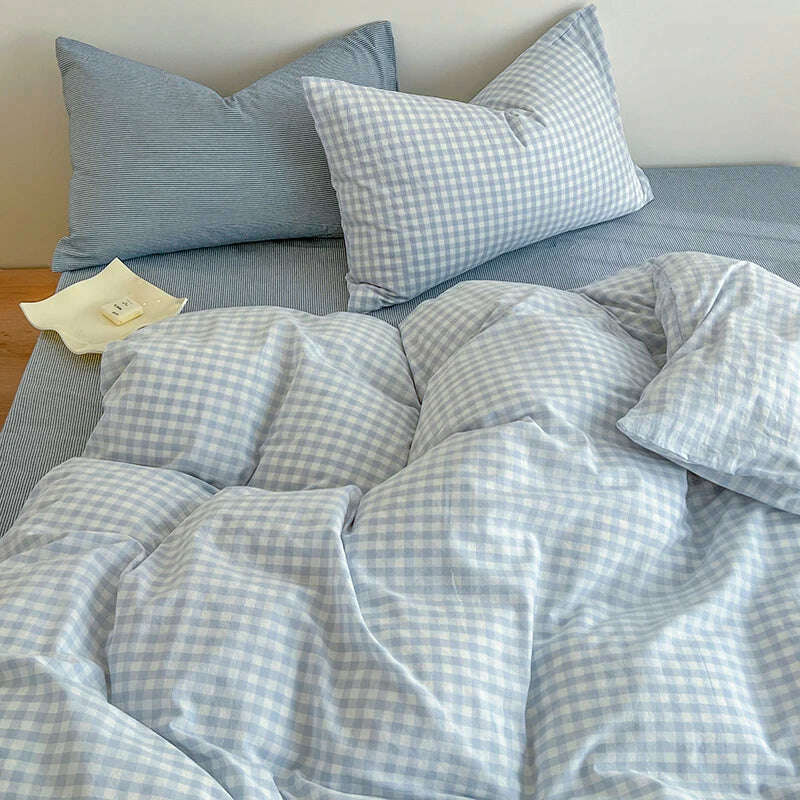 Simple Pink Stripe Bedding Set Washed Cotton Bed Flat Sheet Pillowcase Full Queen Bed Linen Adult Kids Duvet Cover Set No Filler - KIMLUD