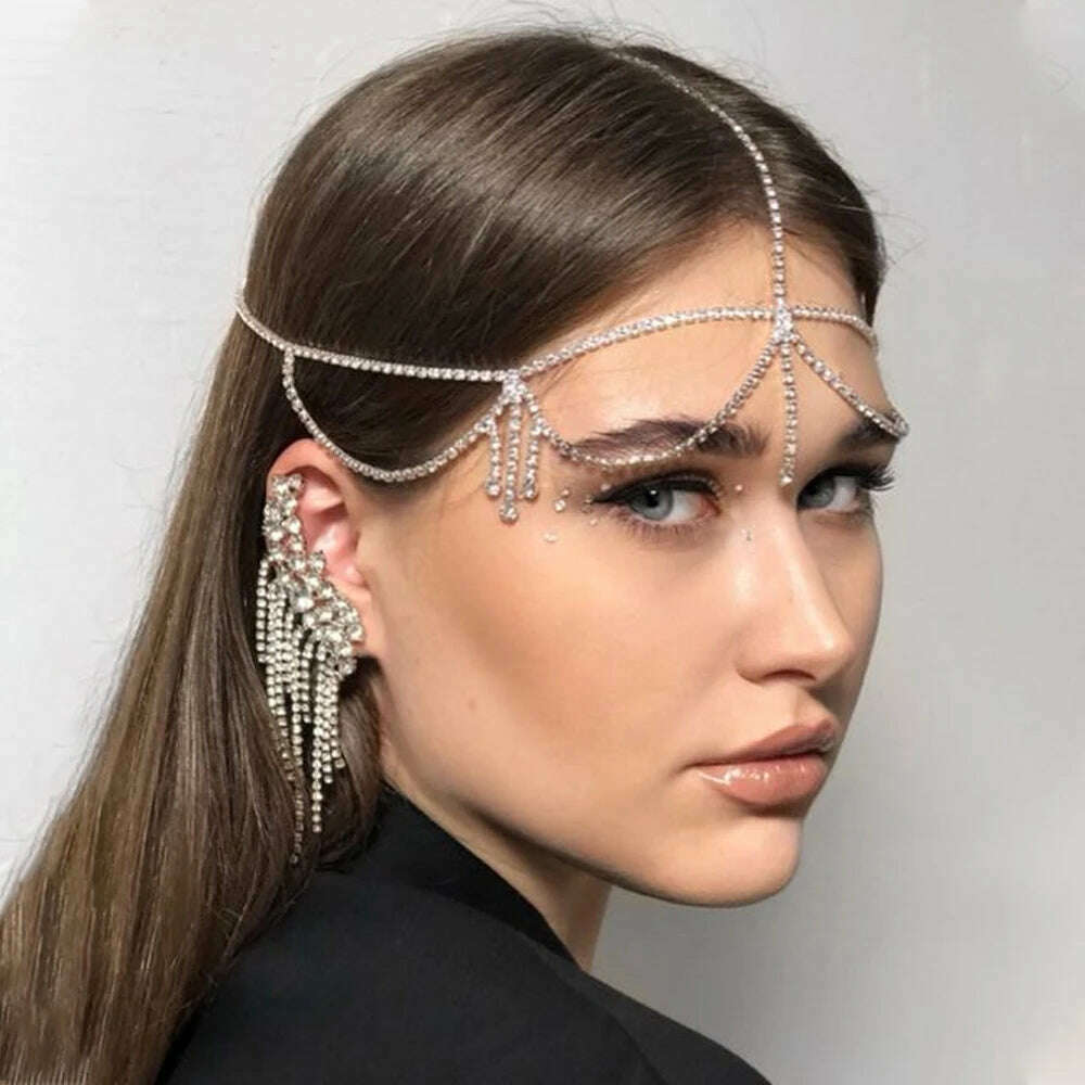 Simple Rhinestone Hair Chain Band Accessories for Women Party Crystal Headpiece Bridal Forehead Jewelry Tiara Fringe Headdress - KIMLUD