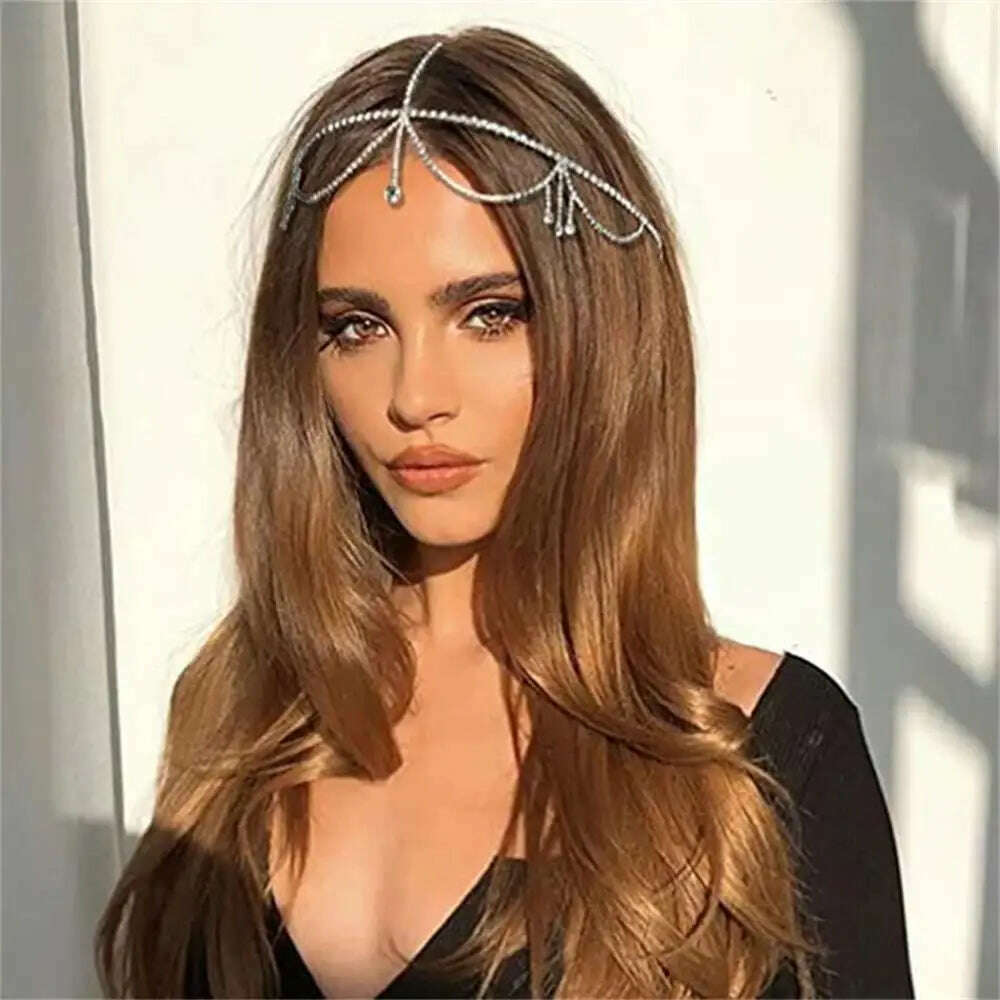 Simple Rhinestone Hair Chain Band Accessories for Women Party Crystal Headpiece Bridal Forehead Jewelry Tiara Fringe Headdress - KIMLUD