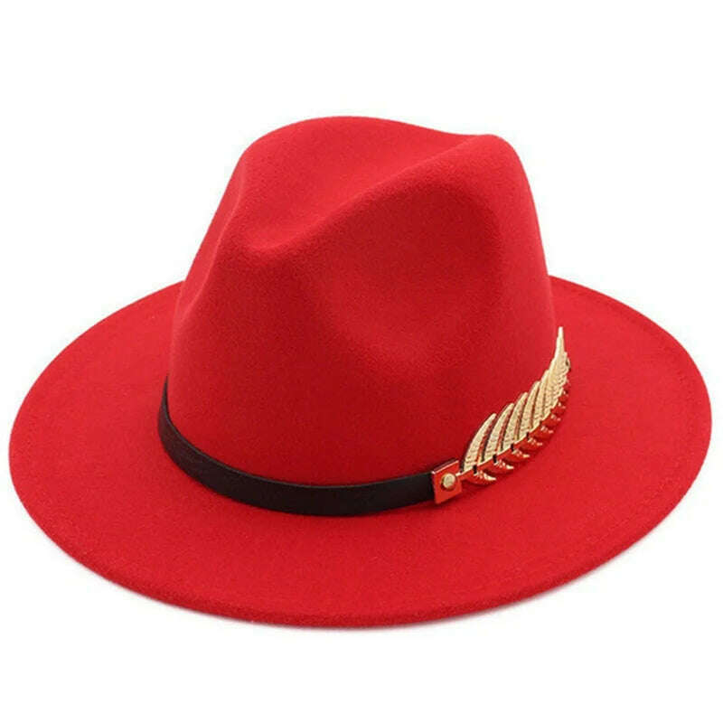 KIMLUD, Simple Women Men Wool Vintage Trilby Felt Fedora Hat with Wide Brim Gentleman Elegant Lady Winter Autumn Jazz Caps, Red, KIMLUD APPAREL - Womens Clothes