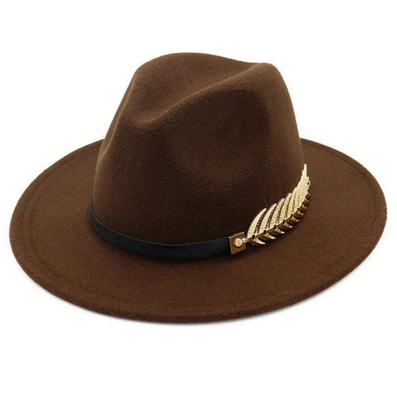 KIMLUD, Simple Women Men Wool Vintage Trilby Felt Fedora Hat with Wide Brim Gentleman Elegant Lady Winter Autumn Jazz Caps, Coffee, KIMLUD APPAREL - Womens Clothes