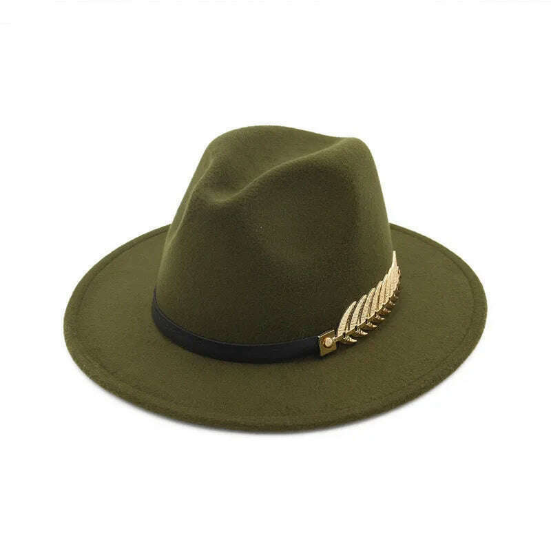 KIMLUD, Simple Women Men Wool Vintage Trilby Felt Fedora Hat with Wide Brim Gentleman Elegant Lady Winter Autumn Jazz Caps, Army green, KIMLUD APPAREL - Womens Clothes
