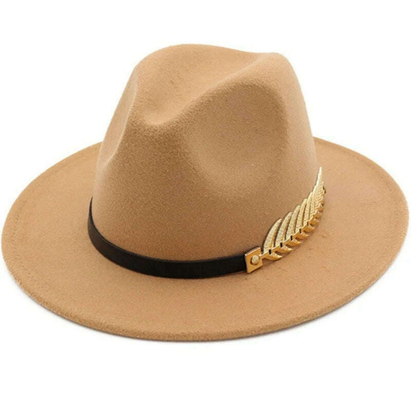 KIMLUD, Simple Women Men Wool Vintage Trilby Felt Fedora Hat with Wide Brim Gentleman Elegant Lady Winter Autumn Jazz Caps, Camel, KIMLUD APPAREL - Womens Clothes