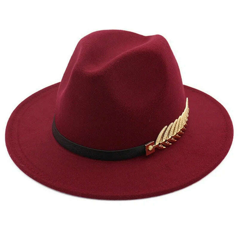 KIMLUD, Simple Women Men Wool Vintage Trilby Felt Fedora Hat with Wide Brim Gentleman Elegant Lady Winter Autumn Jazz Caps, Wine red, KIMLUD APPAREL - Womens Clothes