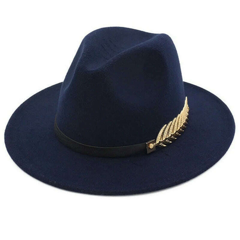 KIMLUD, Simple Women Men Wool Vintage Trilby Felt Fedora Hat with Wide Brim Gentleman Elegant Lady Winter Autumn Jazz Caps, Navy blue, KIMLUD APPAREL - Womens Clothes