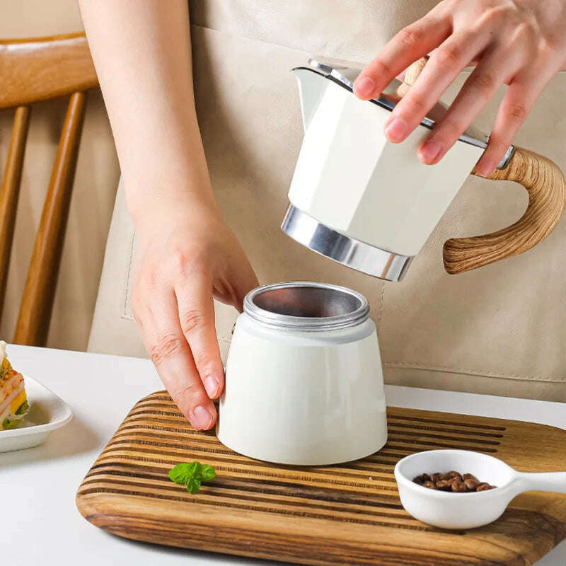 Single Valve Octagonal Coffee Pot Aluminum Moka Pot Extraction for Italian Coffee Machine with Anti-scald Wood Handle 150/300ml - KIMLUD