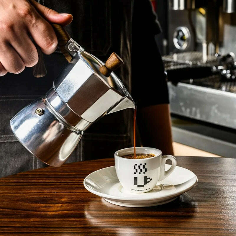 Single Valve Octagonal Coffee Pot Aluminum Moka Pot Extraction for Italian Coffee Machine with Anti-scald Wood Handle 150/300ml - KIMLUD