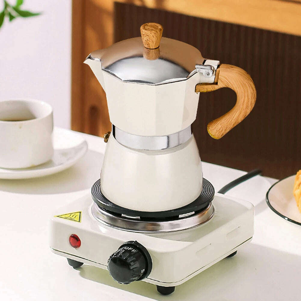 Single Valve Octagonal Coffee Pot Aluminum Moka Pot Extraction for Italian Coffee Machine with Anti-scald Wood Handle 150/300ml - KIMLUD