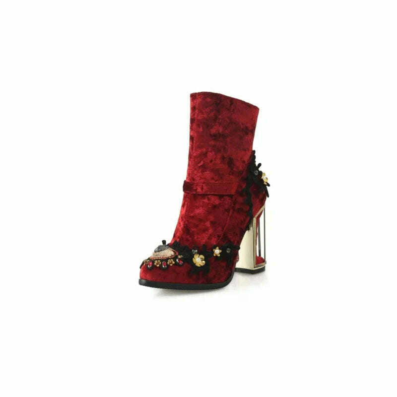 Size 34-43 Ankle Boots Women New Design Fur Warm Winter Shoes Women Fashion High Heel Boots Strange Heels Zip Woman Footwear, Wine Red / 34, KIMLUD Women's Clothes