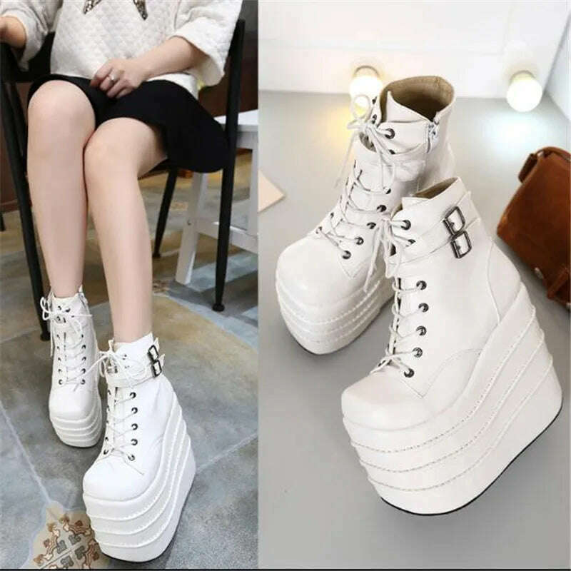 Size 35-41 Botas Mujer Plataforma Winter Womens Boots Punk Style White Wedge High Heel Boots Lace Up Wedge Platform Boots - KIMLUD