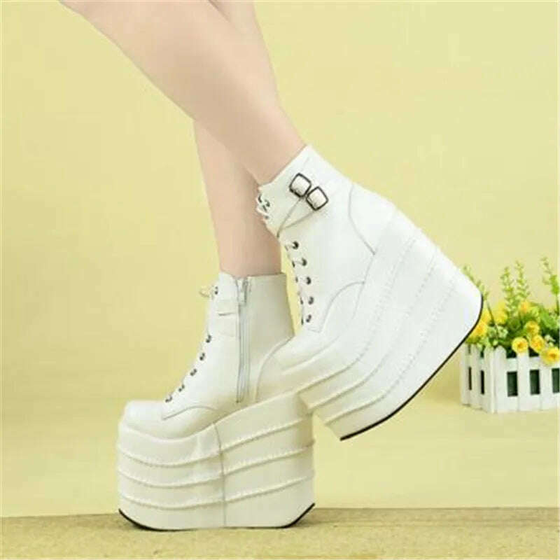 Size 35-41 Botas Mujer Plataforma Winter Womens Boots Punk Style White Wedge High Heel Boots Lace Up Wedge Platform Boots - KIMLUD