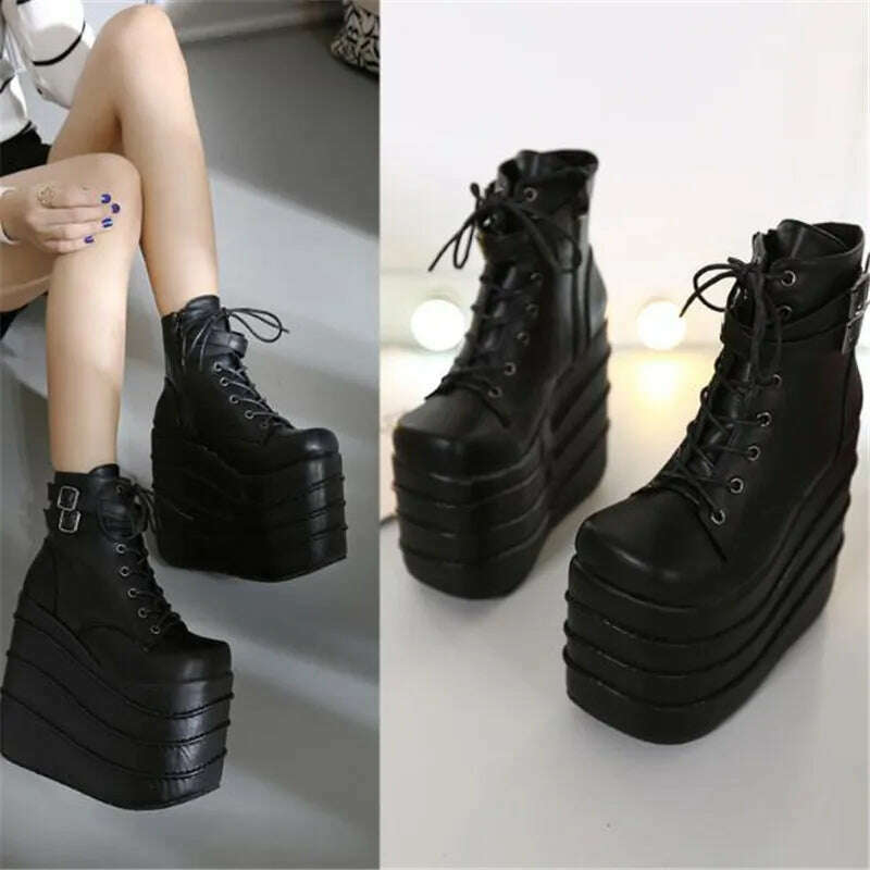 Size 35-41 Botas Mujer Plataforma Winter Womens Boots Punk Style White Wedge High Heel Boots Lace Up Wedge Platform Boots - KIMLUD