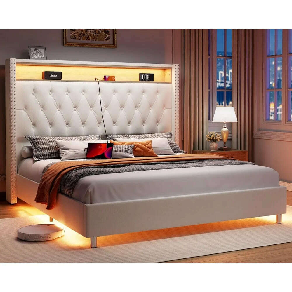 KIMLUD, Size Bed Frame 53.6'' Tall Headboard LED Lights and Charging Station, Velvet Hign Upholstered Platform Bed Wingb, KIMLUD Womens Clothes