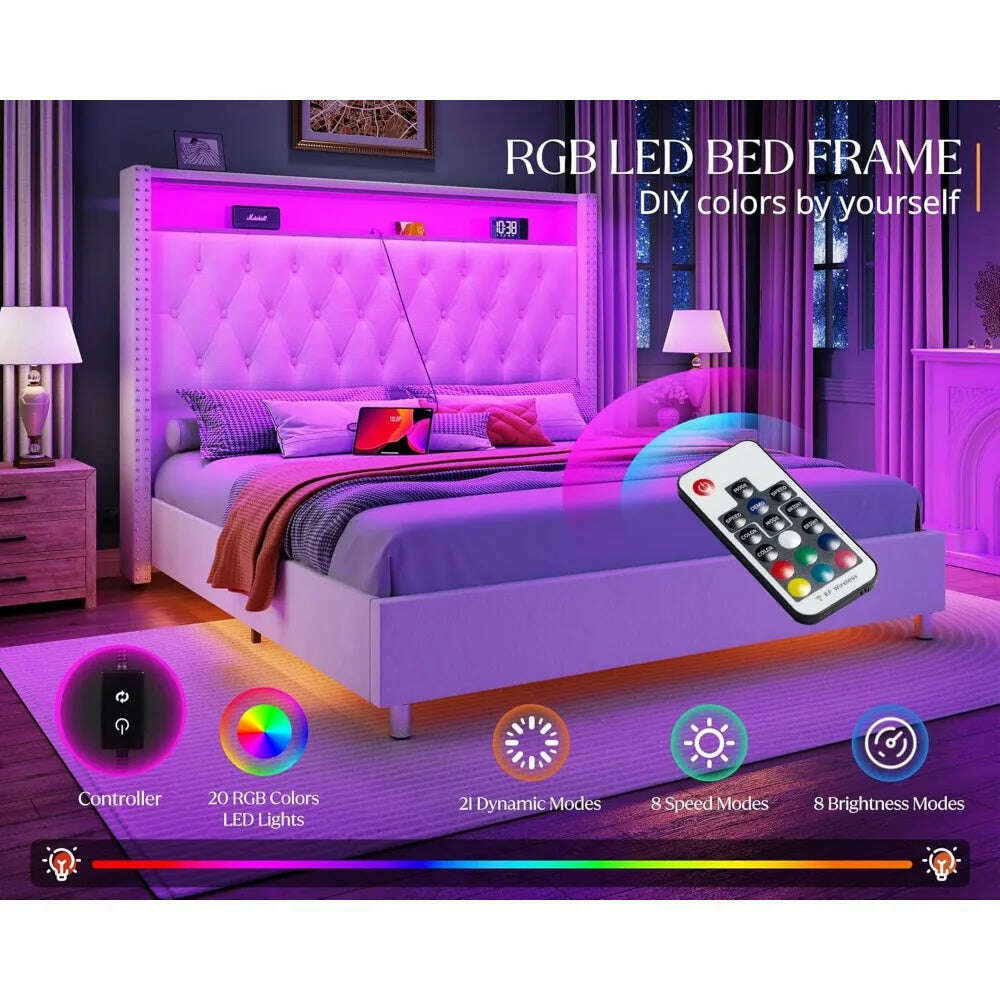 KIMLUD, Size Bed Frame 53.6'' Tall Headboard LED Lights and Charging Station, Velvet Hign Upholstered Platform Bed Wingb, KIMLUD Womens Clothes