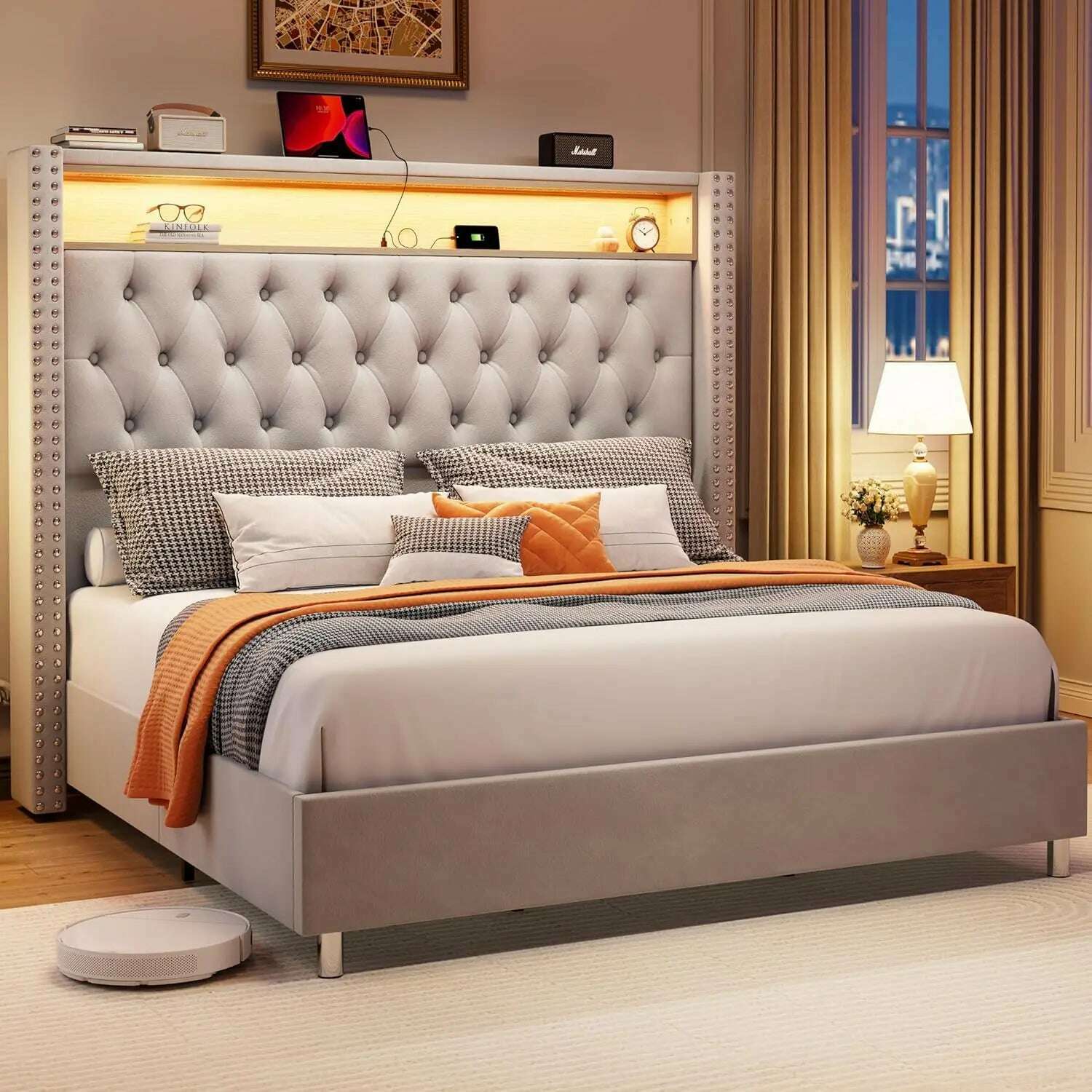 KIMLUD, Size Bed Frame 53.6'' Tall Headboard LED Lights and Charging Station, Velvet Hign Upholstered Platform Bed Wingb, Grey / United States / Queen, KIMLUD APPAREL - Womens Clothes
