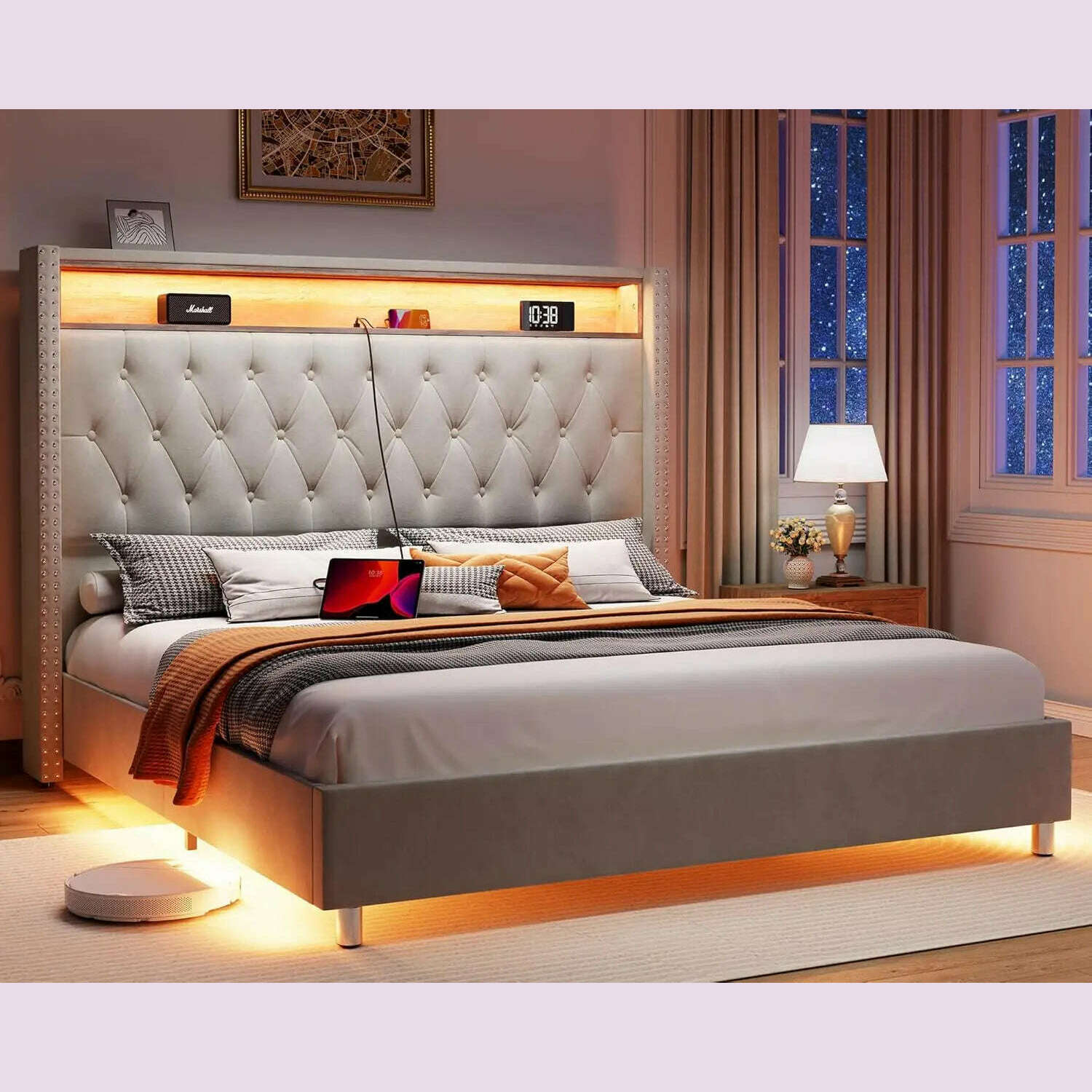 KIMLUD, Size Bed Frame 53.6'' Tall Headboard LED Lights and Charging Station, Velvet Hign Upholstered Platform Bed Wingb, Light Gray / United States / Queen, KIMLUD APPAREL - Womens Clothes