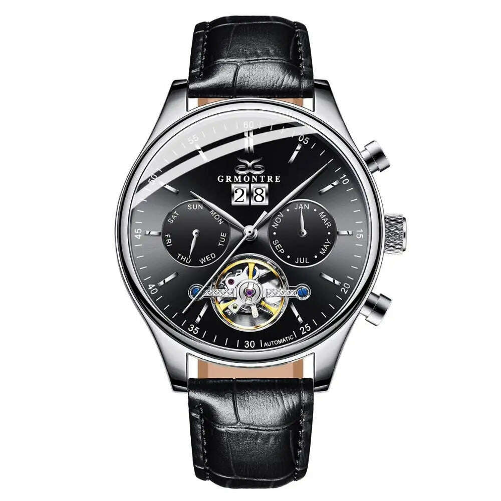 KIMLUD, Skeleton Tourbillon Mechanical Watch Men Automatic Classic Rose Gold Leather Mechanical Wrist Watches Reloj Hombre 2018 Luxury, G-6601M Black, KIMLUD Women's Clothes