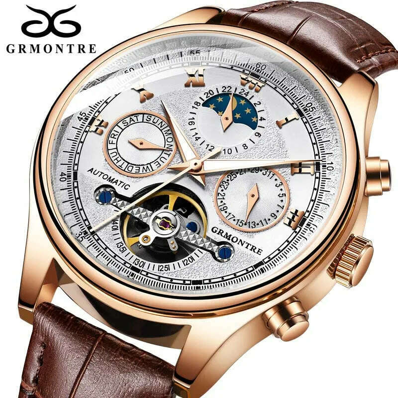 KIMLUD, Skeleton Tourbillon Mechanical Watch Men Automatic Classic Rose Gold Leather Mechanical Wrist Watches Reloj Hombre 2018 Luxury, G-8809 Rose White, KIMLUD Women's Clothes