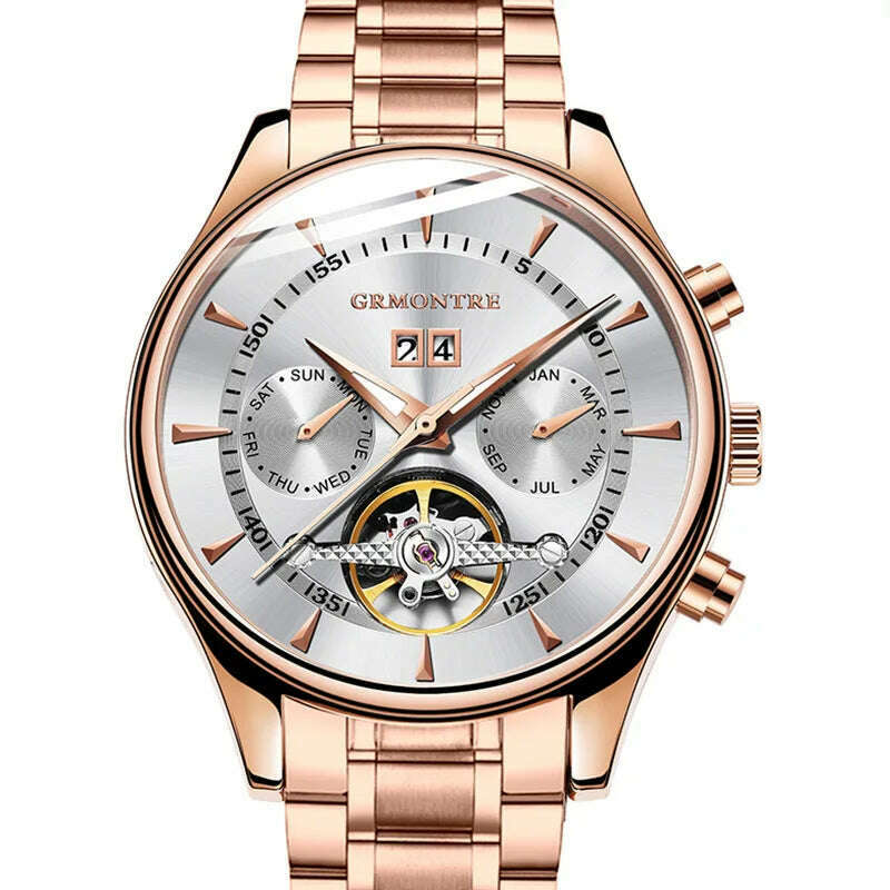 KIMLUD, Skeleton Tourbillon Mechanical Watch Men Automatic Classic Rose Gold Leather Mechanical Wrist Watches Reloj Hombre 2018 Luxury, Steel Rose White, KIMLUD Women's Clothes