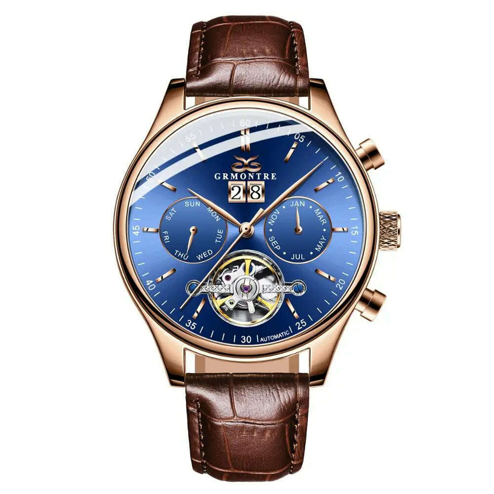 KIMLUD, Skeleton Tourbillon Mechanical Watch Men Automatic Classic Rose Gold Leather Mechanical Wrist Watches Reloj Hombre 2018 Luxury, G-6601M Rose Blue, KIMLUD Women's Clothes