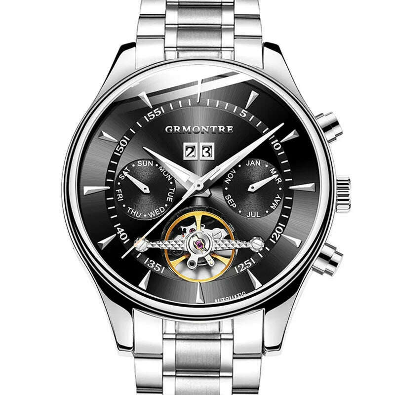 KIMLUD, Skeleton Tourbillon Mechanical Watch Men Automatic Classic Rose Gold Leather Mechanical Wrist Watches Reloj Hombre 2018 Luxury, Steel Black, KIMLUD Women's Clothes