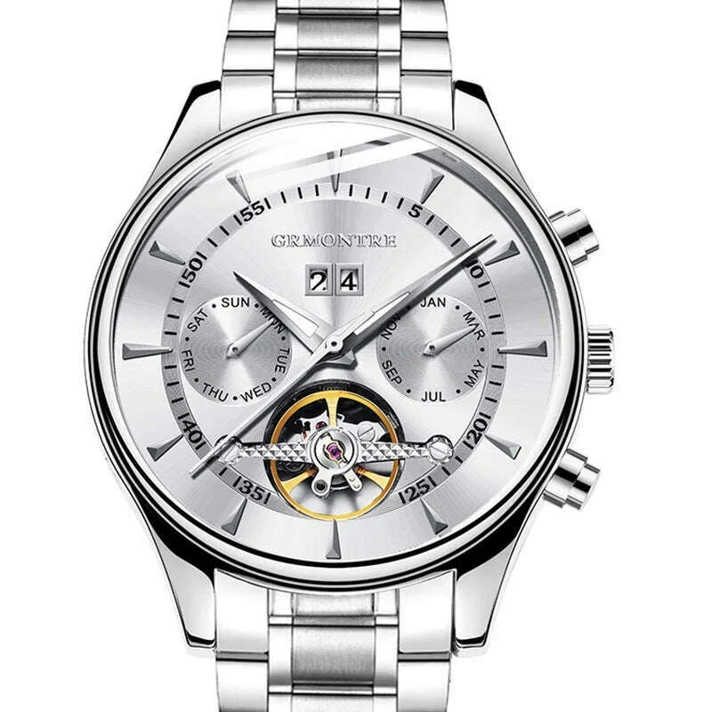 KIMLUD, Skeleton Tourbillon Mechanical Watch Men Automatic Classic Rose Gold Leather Mechanical Wrist Watches Reloj Hombre 2018 Luxury, Steel White, KIMLUD Women's Clothes