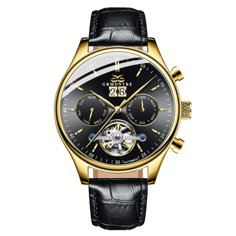 KIMLUD, Skeleton Tourbillon Mechanical Watch Men Automatic Classic Rose Gold Leather Mechanical Wrist Watches Reloj Hombre 2018 Luxury, G-6601M Gold Black, KIMLUD Women's Clothes