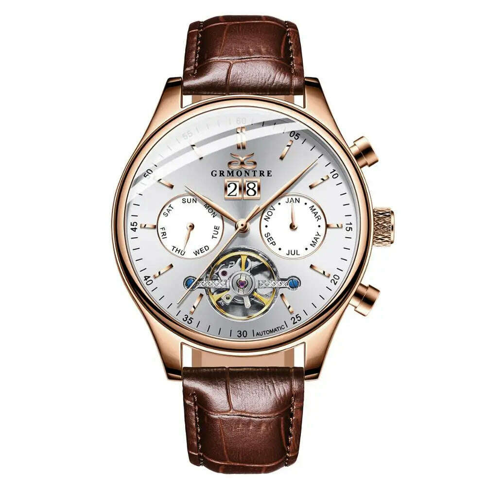 KIMLUD, Skeleton Tourbillon Mechanical Watch Men Automatic Classic Rose Gold Leather Mechanical Wrist Watches Reloj Hombre 2018 Luxury, G-6601M Rose White, KIMLUD Women's Clothes