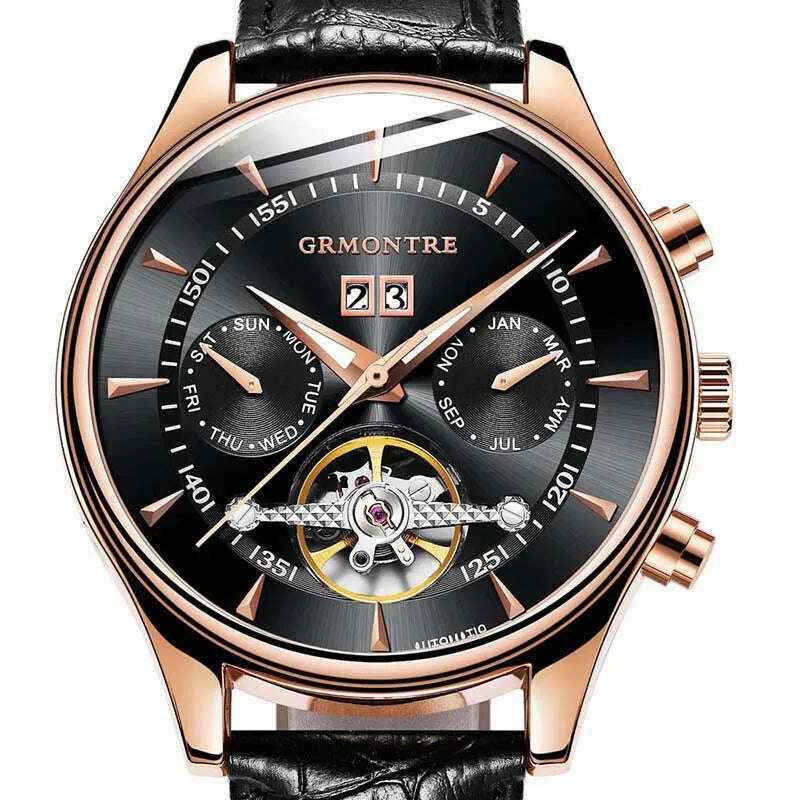 KIMLUD, Skeleton Tourbillon Mechanical Watch Men Automatic Classic Rose Gold Leather Mechanical Wrist Watches Reloj Hombre 2018 Luxury, G-8807 Rose Black, KIMLUD Women's Clothes