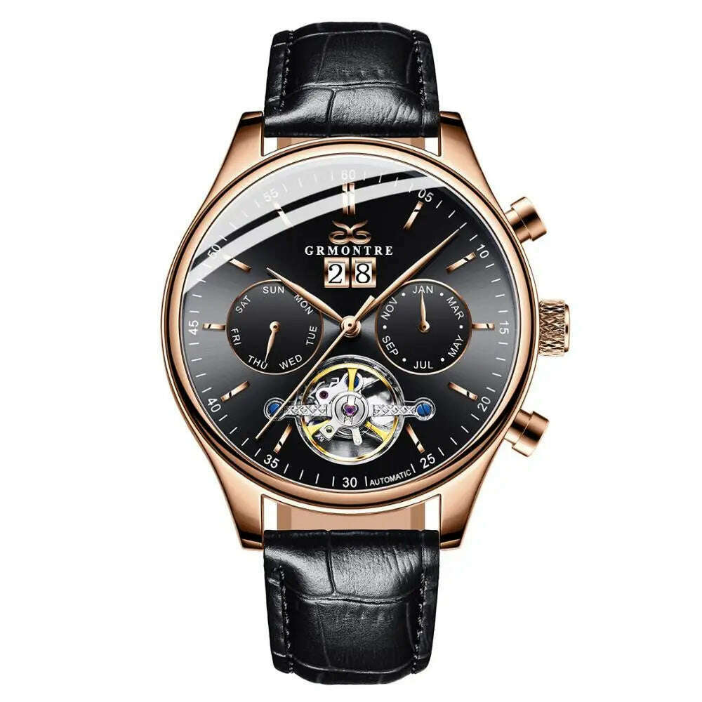 KIMLUD, Skeleton Tourbillon Mechanical Watch Men Automatic Classic Rose Gold Leather Mechanical Wrist Watches Reloj Hombre 2018 Luxury, G-6601M Rose Black, KIMLUD Women's Clothes