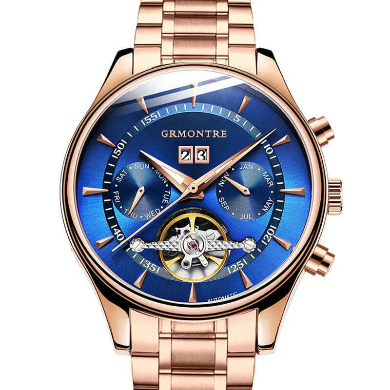 KIMLUD, Skeleton Tourbillon Mechanical Watch Men Automatic Classic Rose Gold Leather Mechanical Wrist Watches Reloj Hombre 2018 Luxury, Steel Rose Blue, KIMLUD Women's Clothes