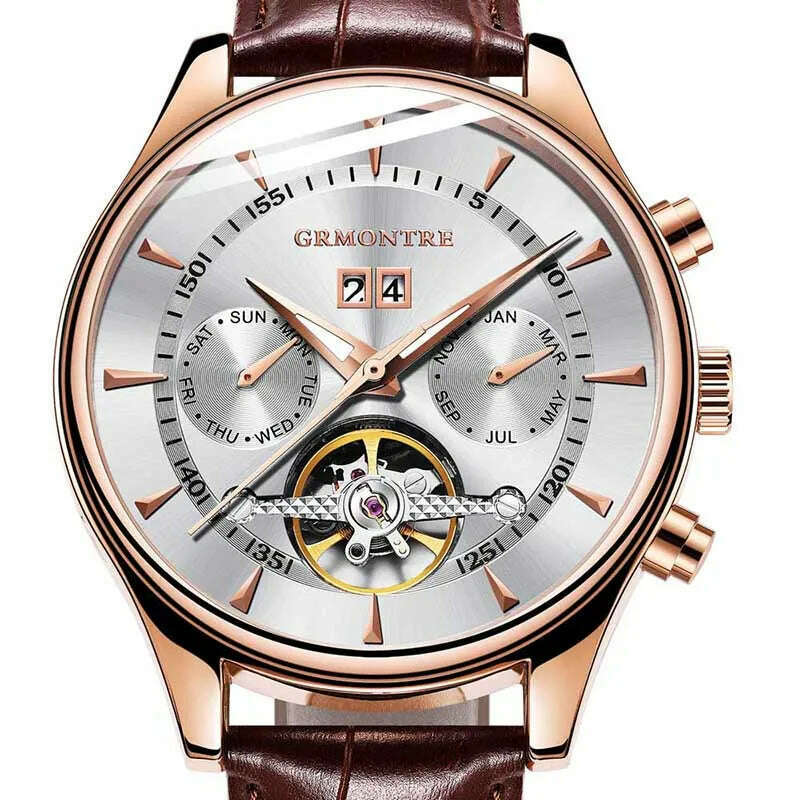 KIMLUD, Skeleton Tourbillon Mechanical Watch Men Automatic Classic Rose Gold Leather Mechanical Wrist Watches Reloj Hombre 2018 Luxury, G-8807 Rose White, KIMLUD Women's Clothes