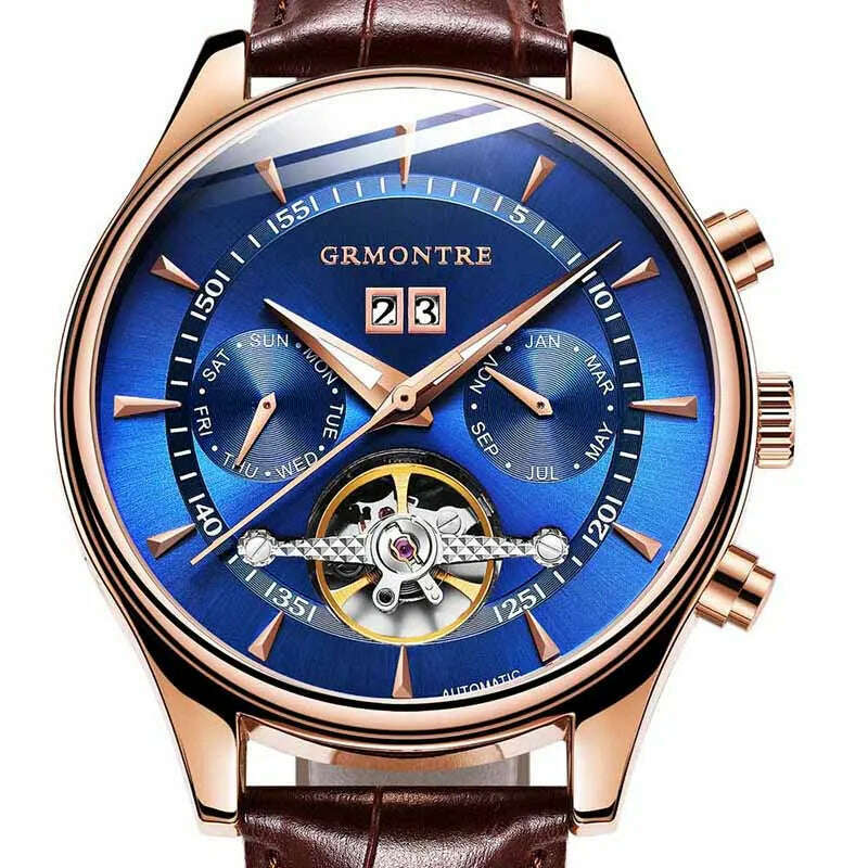 KIMLUD, Skeleton Tourbillon Mechanical Watch Men Automatic Classic Rose Gold Leather Mechanical Wrist Watches Reloj Hombre 2018 Luxury, G-8807 Rose Blue, KIMLUD Women's Clothes