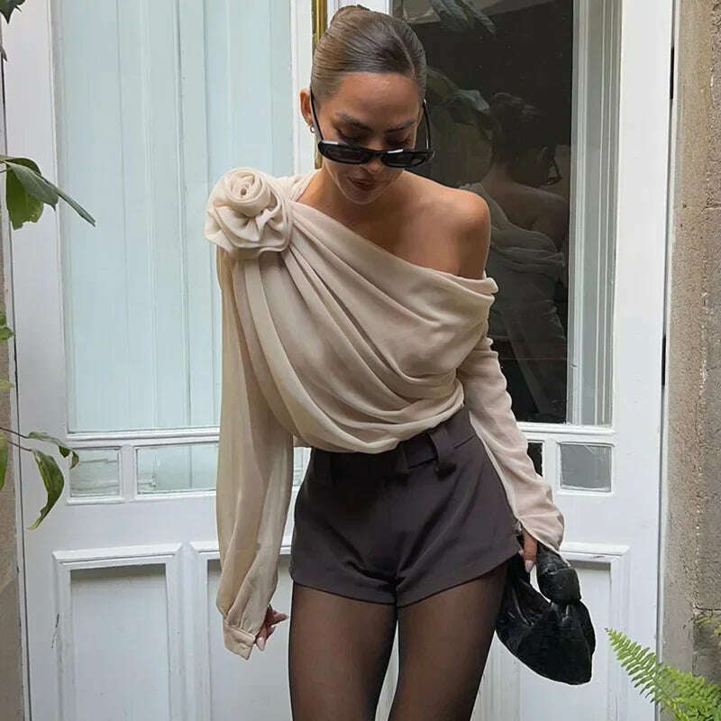 Skew Collar Floral Applique Mesh Chiffon Tops for Women Elegant Fashion Club Cropped Tops See Through Pullover New - KIMLUD