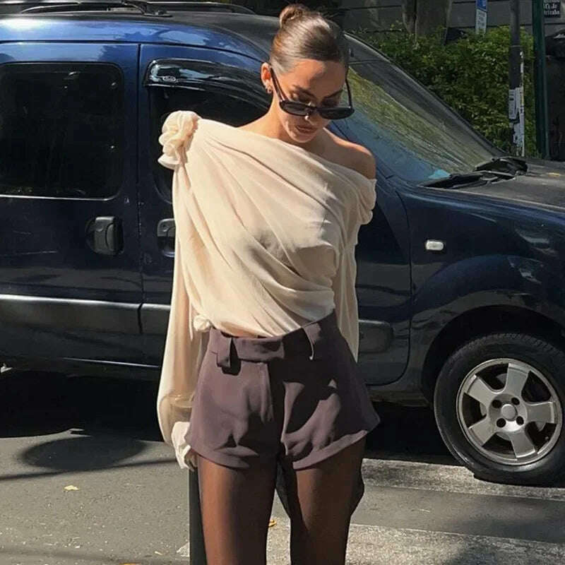 Skew Collar Floral Applique Mesh Chiffon Tops for Women Elegant Fashion Club Cropped Tops See Through Pullover New - KIMLUD