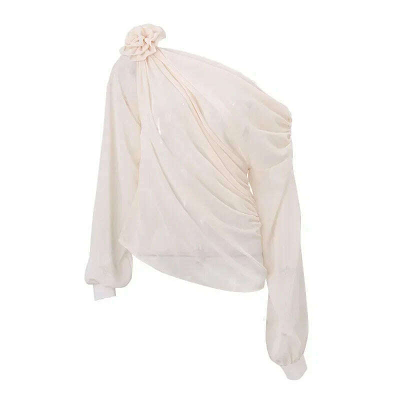 Skew Collar Floral Applique Mesh Chiffon Tops for Women Elegant Fashion Club Cropped Tops See Through Pullover New - KIMLUD