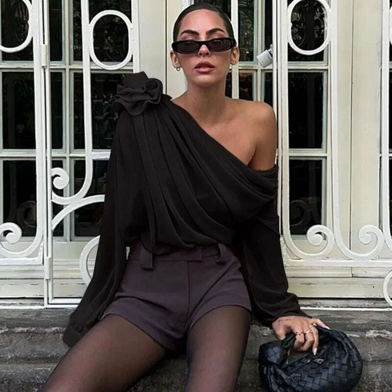 Skew Collar Floral Applique Mesh Chiffon Tops for Women Elegant Fashion Club Cropped Tops See Through Pullover New - KIMLUD
