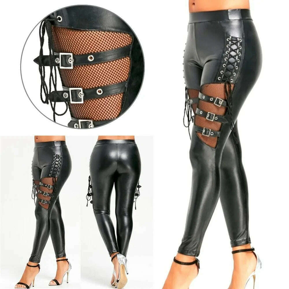 KIMLUD, Skinny PU Leather Women Slim Trousers Gothic Punk Leggings Fishnet Trim Lace Faux PU Leather Pencil Pants Dropshipping Wholesale, KIMLUD Womens Clothes