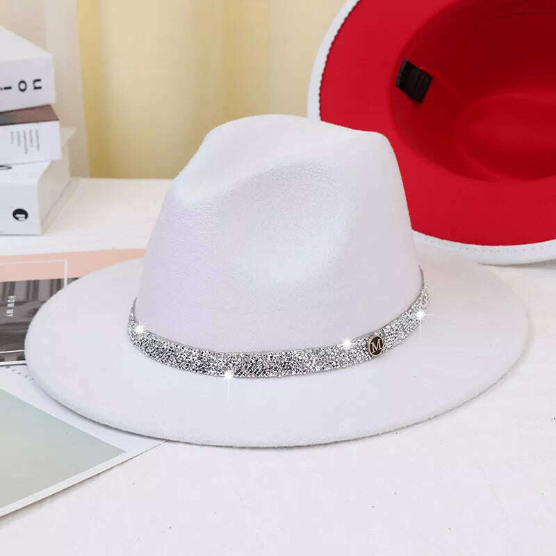 Sky Blue Diamond Band Wool Fedora Hats For Women Jazz Cap Belt Unisex Colorful Fedoras Hat Fashion Church Hat Bucket Hats шапка - KIMLUD