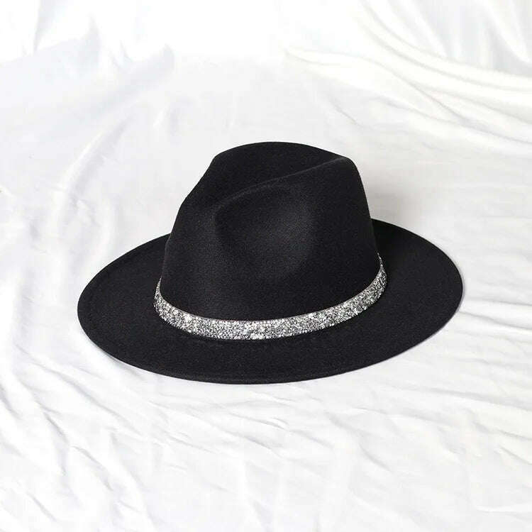 KIMLUD, Sky Blue Diamond Band Wool Fedora Hats For Women Jazz Cap Belt Unisex Colorful Fedoras Hat Fashion Church Hat Bucket Hats шапка, 42 / China / 56-58cm, KIMLUD Womens Clothes