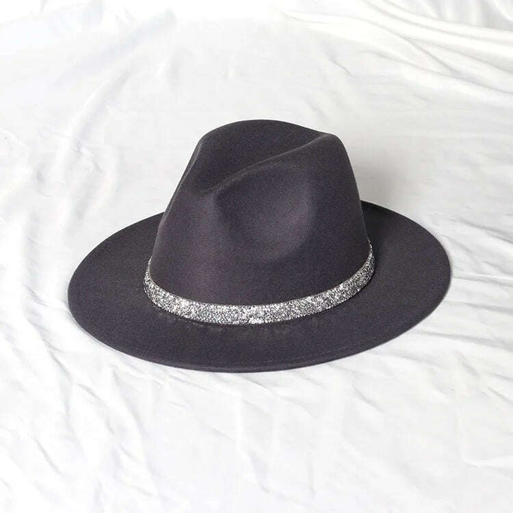 KIMLUD, Sky Blue Diamond Band Wool Fedora Hats For Women Jazz Cap Belt Unisex Colorful Fedoras Hat Fashion Church Hat Bucket Hats шапка, 39 / China / 56-58cm, KIMLUD Womens Clothes