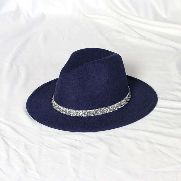 KIMLUD, Sky Blue Diamond Band Wool Fedora Hats For Women Jazz Cap Belt Unisex Colorful Fedoras Hat Fashion Church Hat Bucket Hats шапка, 43 / China / 56-58cm, KIMLUD Womens Clothes