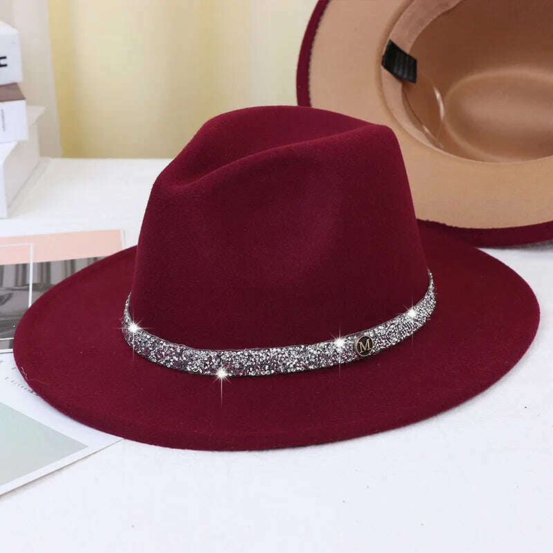 KIMLUD, Sky Blue Diamond Band Wool Fedora Hats For Women Jazz Cap Belt Unisex Colorful Fedoras Hat Fashion Church Hat Bucket Hats шапка, 19 / China / 56-58cm, KIMLUD Womens Clothes