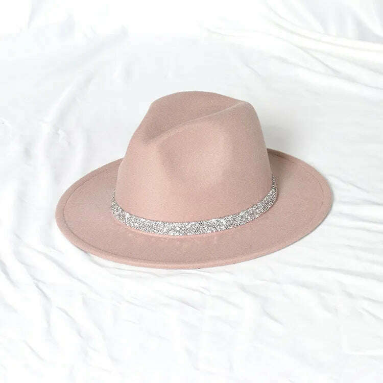KIMLUD, Sky Blue Diamond Band Wool Fedora Hats For Women Jazz Cap Belt Unisex Colorful Fedoras Hat Fashion Church Hat Bucket Hats шапка, 31 / China / 56-58cm, KIMLUD Womens Clothes