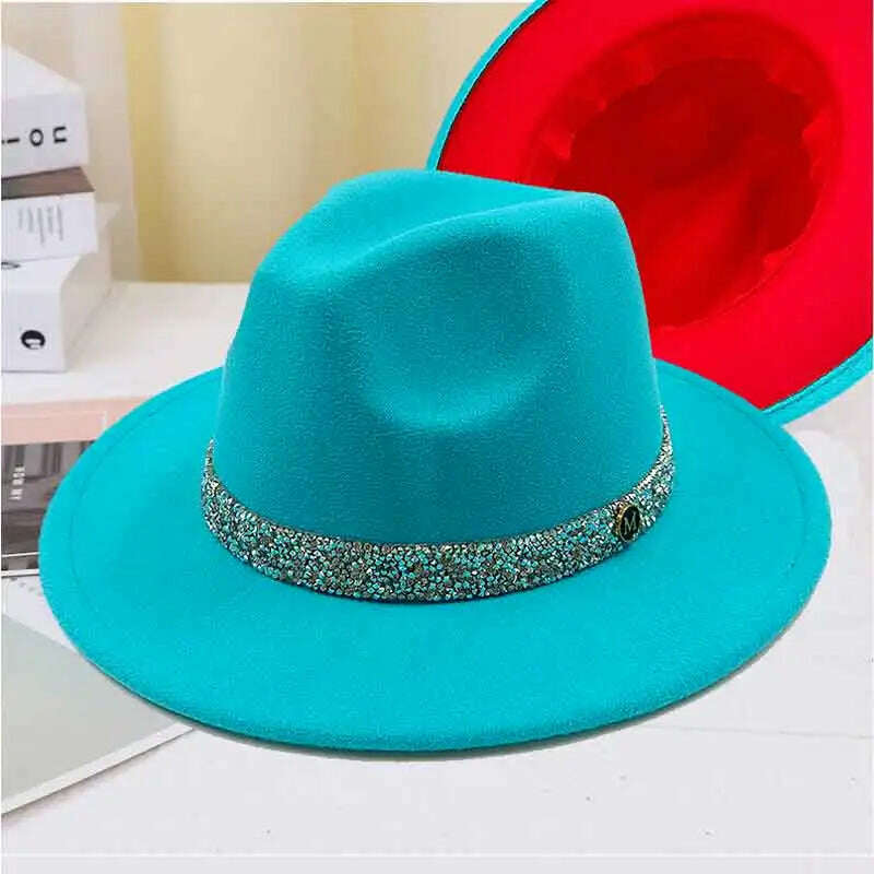 KIMLUD, Sky Blue Diamond Band Wool Fedora Hats For Women Jazz Cap Belt Unisex Colorful Fedoras Hat Fashion Church Hat Bucket Hats шапка, 11 / China / 56-58cm, KIMLUD Womens Clothes