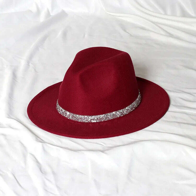 KIMLUD, Sky Blue Diamond Band Wool Fedora Hats For Women Jazz Cap Belt Unisex Colorful Fedoras Hat Fashion Church Hat Bucket Hats шапка, 45 / China / 56-58cm, KIMLUD Womens Clothes